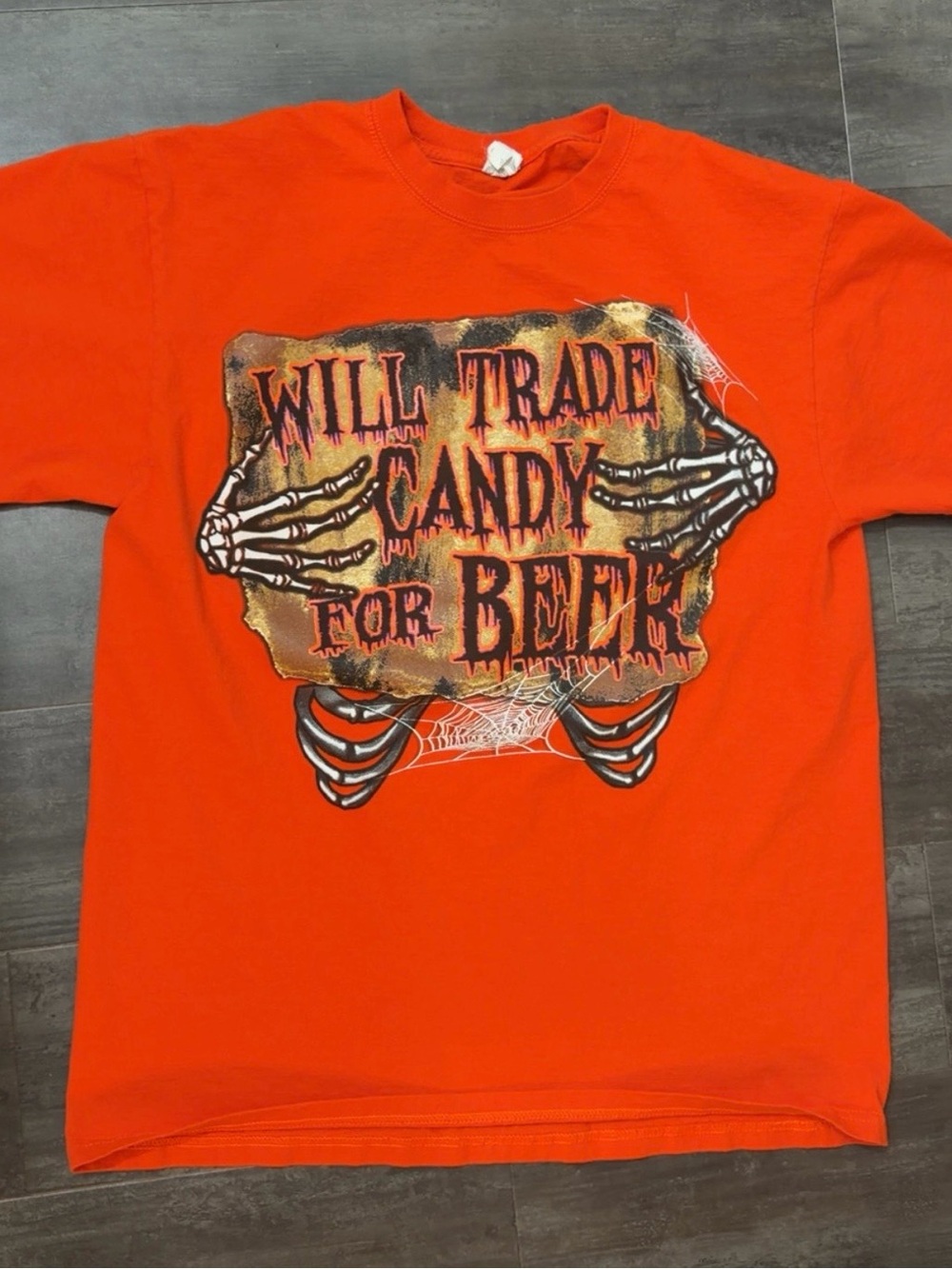 Jerzees Orange Halloween Graphic Tee with Skeleton Sign
